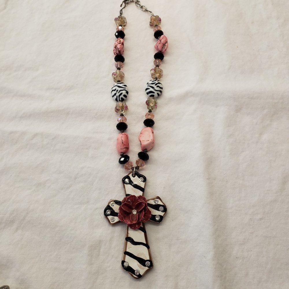 SALE!!! Zebra Print Pink Rose Cross Cowgirl Necklace Custom Piece Handcrafted